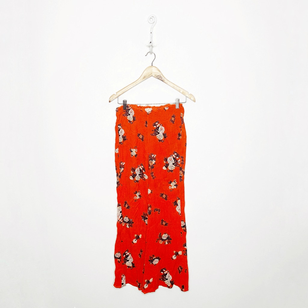 FREE PEOPLE ONE Floral Hippie Pant Wide leg orange pull on boho womens XS